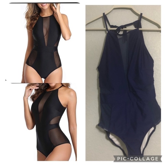 Holipick high neck mesh cutout swimsuit small navy blue new - Picture 1 of 15
